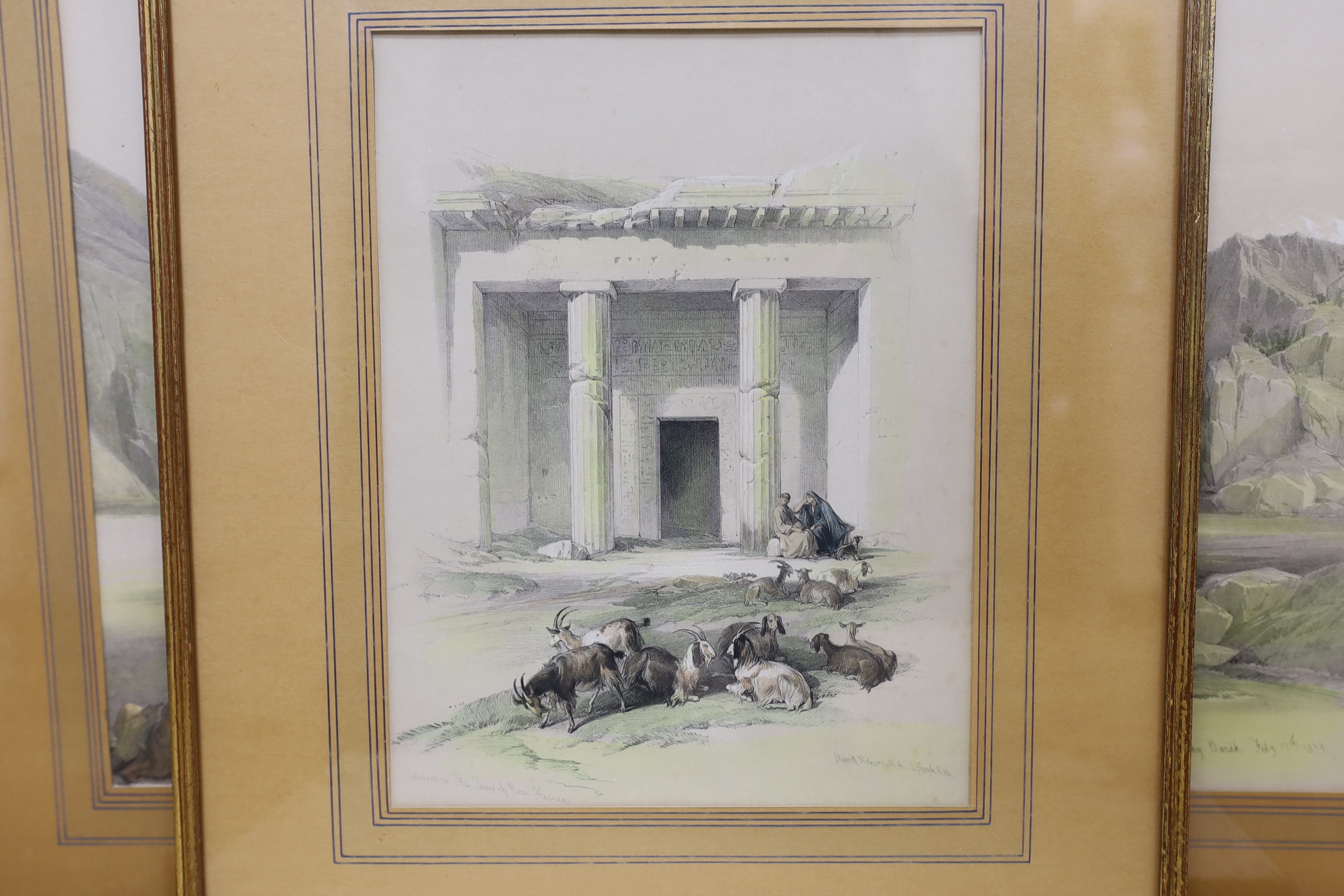 David Roberts RA (Scottish, 1796-1864), six colour lithographs, including ‘Part of the ruins of a temple on the island of Bigge’, Nubia, published, 1st August 1856 by Day & Son and ‘Entrance to the Caves of Beni Hussam’,